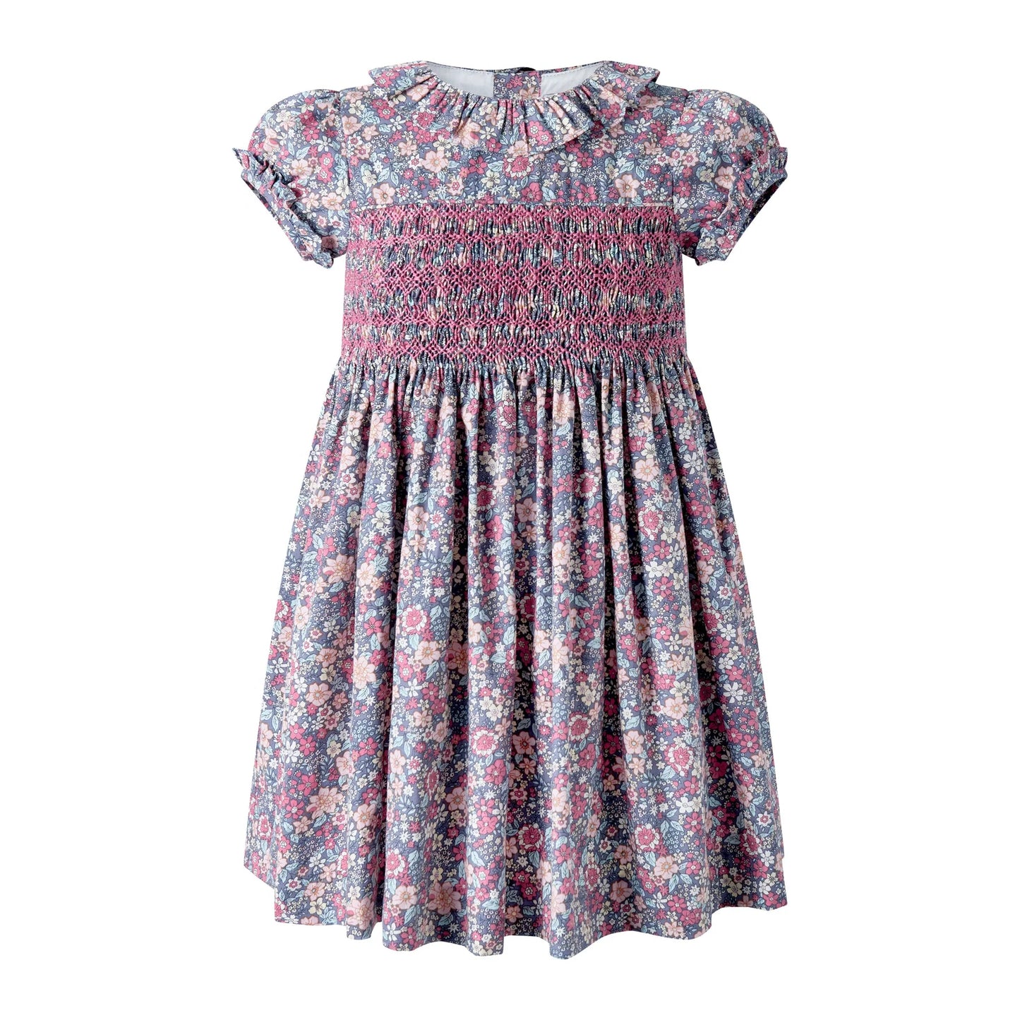 Rachel Riley Pink Grey Floral Smocked Dress