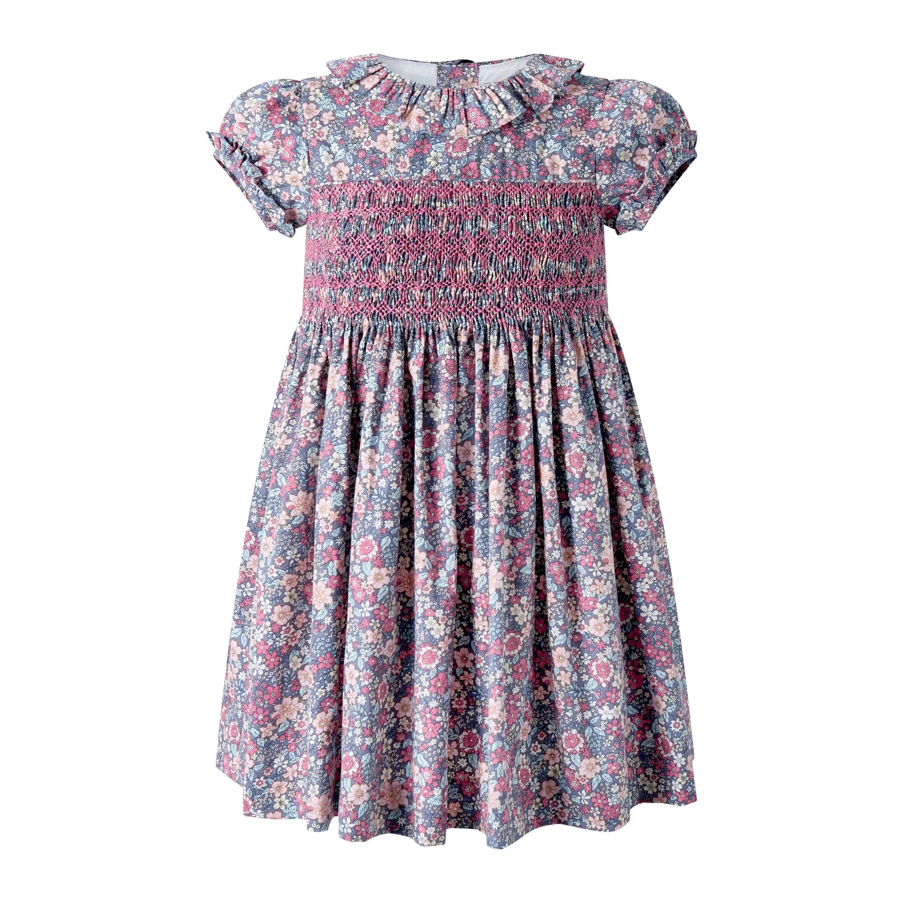Rachel Riley Pink Grey Floral Smocked Dress