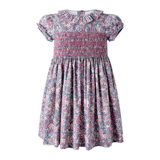 Rachel Riley Pink Grey Floral Smocked Dress