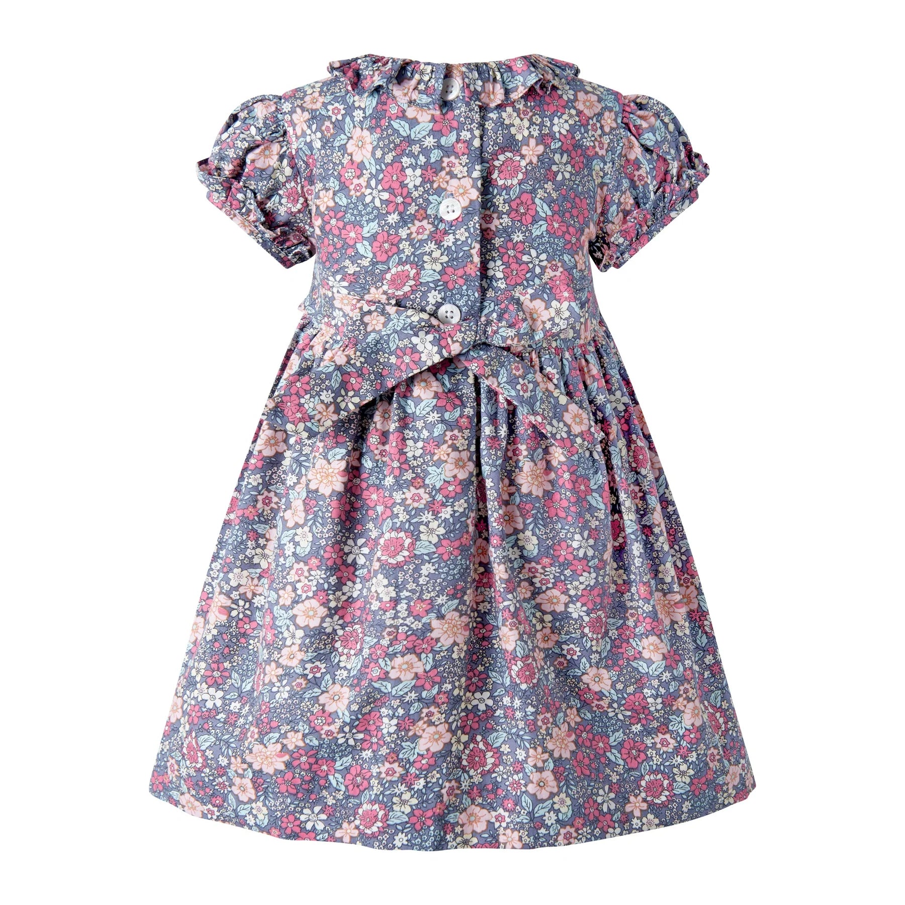 Rachel Riley Floral Short Sleeve Smocked Dress & Bloomers - Grey Pink