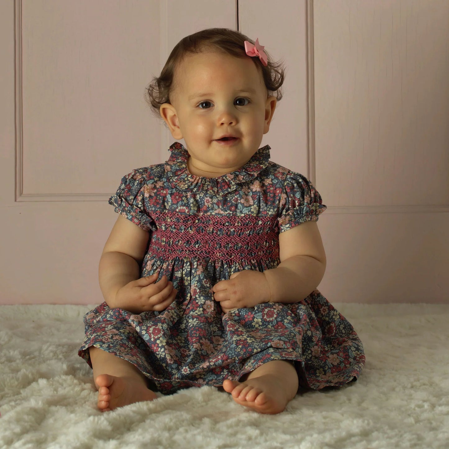 Rachel Riley Floral Short Sleeve Smocked Dress & Bloomers - Grey Pink