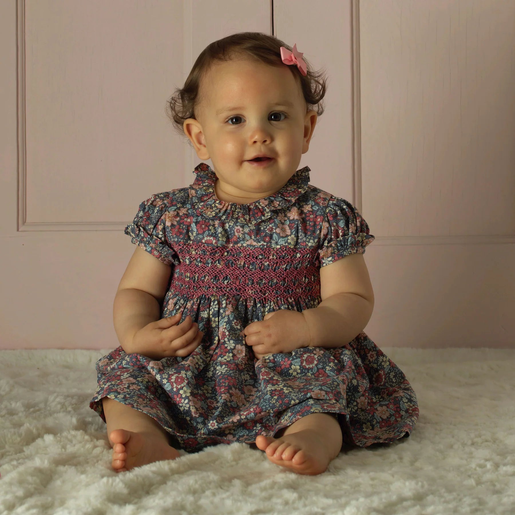 Rachel Riley Floral Short Sleeve Smocked Dress & Bloomers - Grey Pink