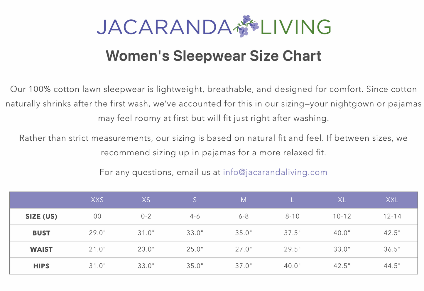 Jacaranda Size Chart