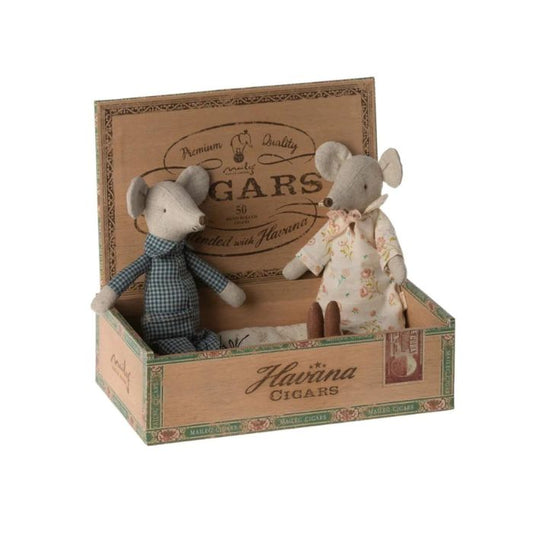 Maileg Grandma and Grandpa Mice in a Cigarbox