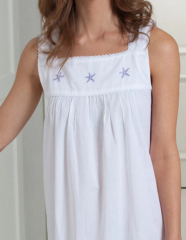 Jacaranda Starfish White Cotton Nightgown, Embroidered