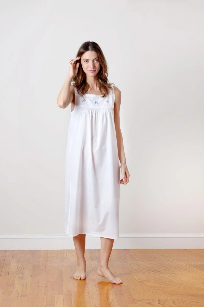 Jacaranda Starfish White Cotton Nightgown, Embroidered