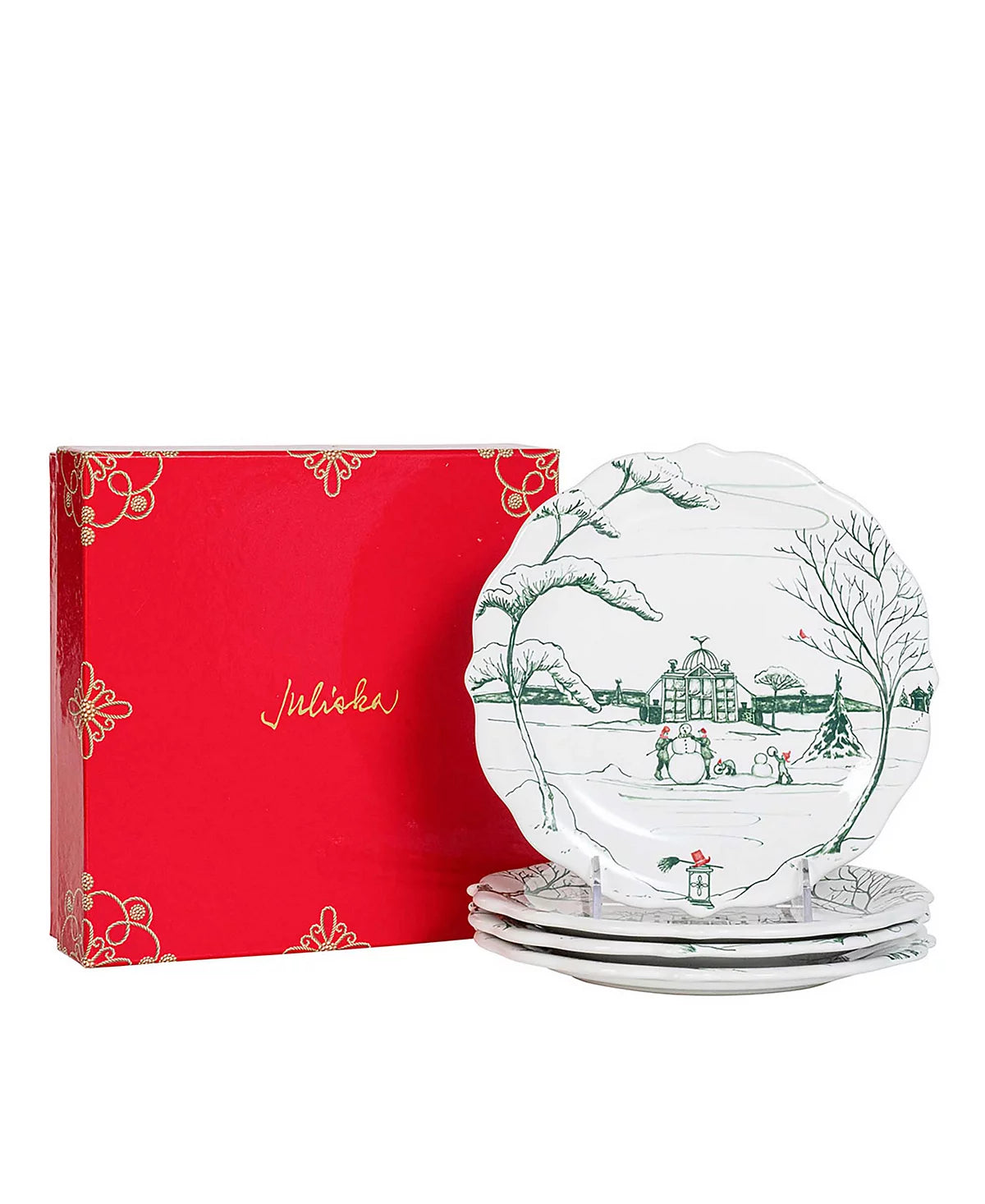 Juliska Country Estate Winter Frolic "Mr. & Mrs. Claus" Evergreen Party Plates, Set/4 - La Petite Maison