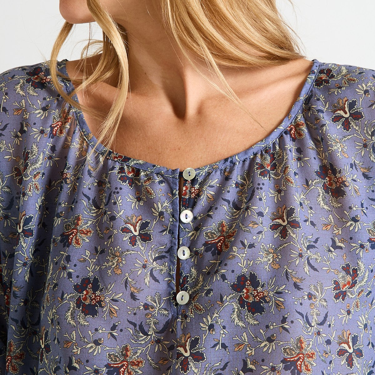 Laurence Tavernier India Long Nightdress - 3/4 Sleeve Bleu