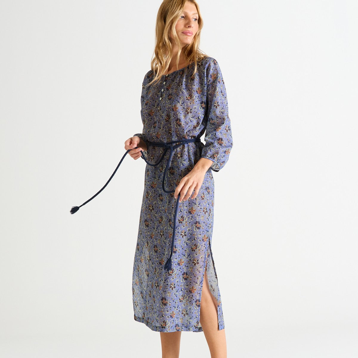 Laurence Tavernier India Long Nightdress - 3/4 Sleeve Bleu
