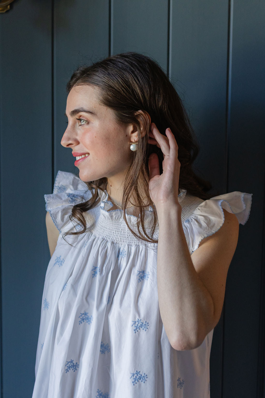 Lenora Nancy Embroidered Coral Nightgown - Blue
