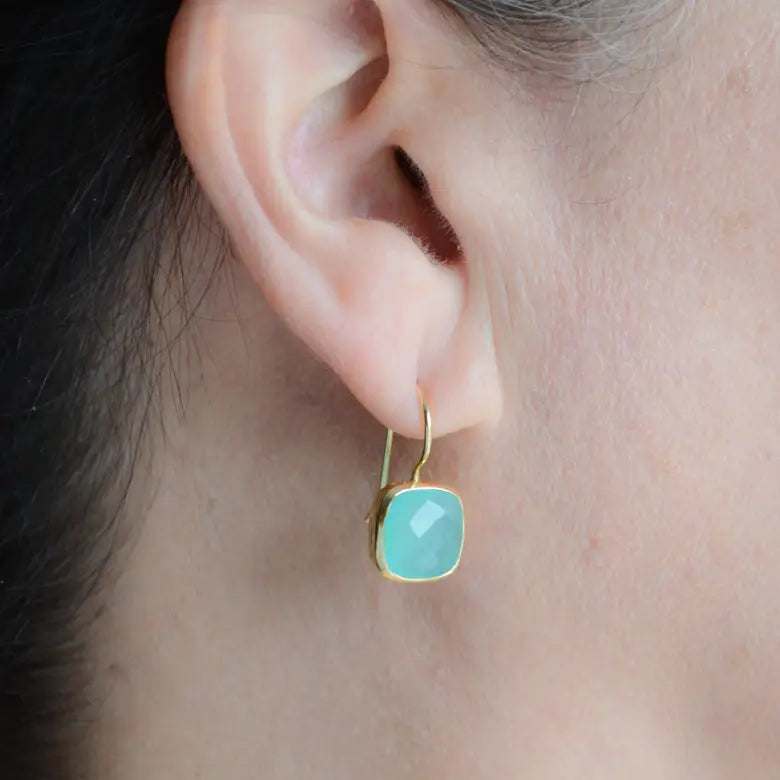 AJS Design Cushion Cut Square Aqua Chalcedony GF Earrings