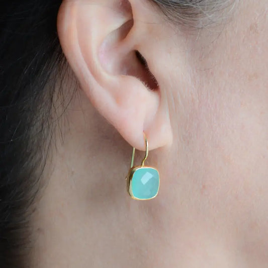 AJS Design Cushion Cut Square Aqua Chalcedony GF Earrings