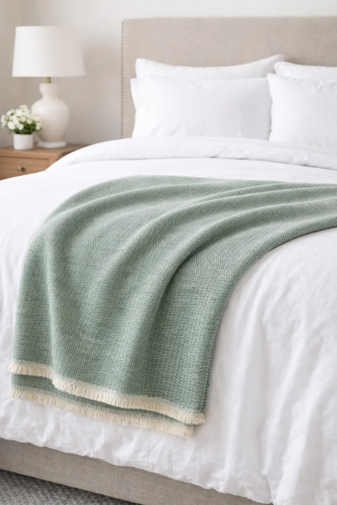 A Soft Idea Cotton-Blend Mini Herringbone Throw with Eyelash Fringes