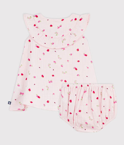 Petit Bateau Babies' cotton baby dress with bloomers, printed with flowers