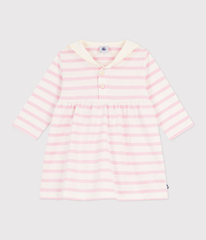 Petit Bateau Long Sleeve Breton Stripe Dress Pink-Cream
