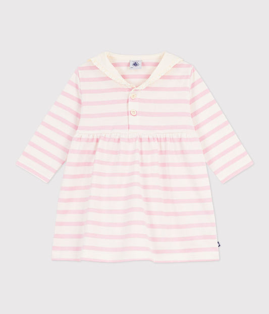 Petit Bateau Long Sleeve Breton Stripe Dress Pink-Cream