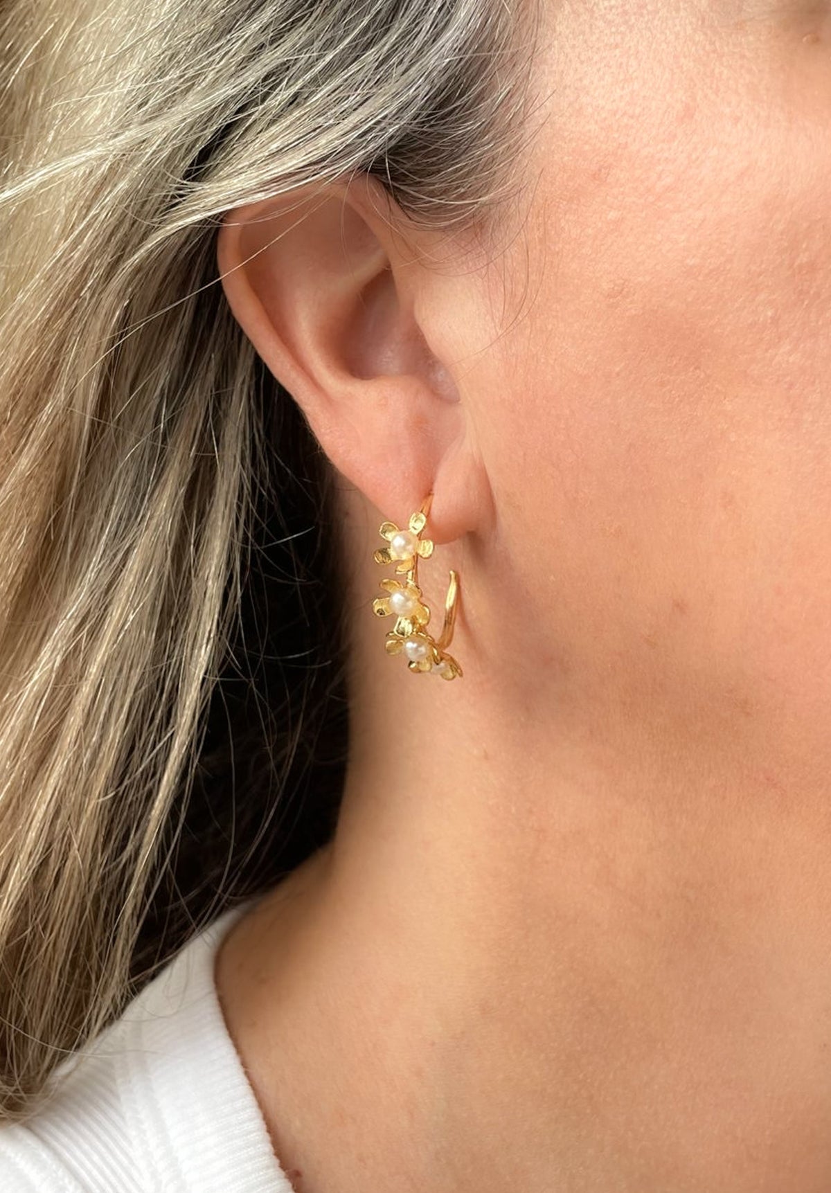 AJD Design Floral Hoop with Fresh Water Pearls Earrings