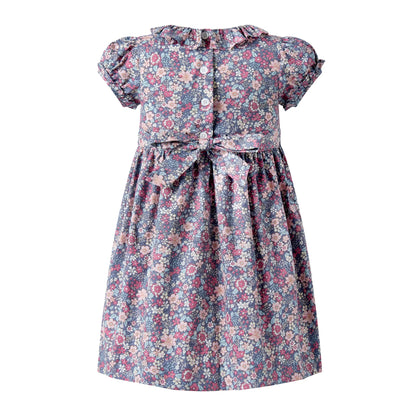 Rachel Riley Pink Grey Floral Smocked Dress