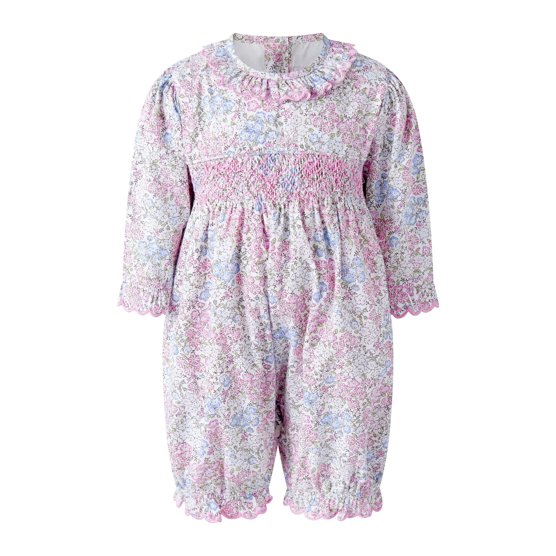 Rachel Riley Smocked Scalloped Romper, Babysuit - Pink floral