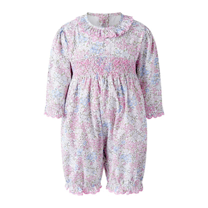 Rachel Riley Smocked Scalloped Romper, Babysuit - Pink floral