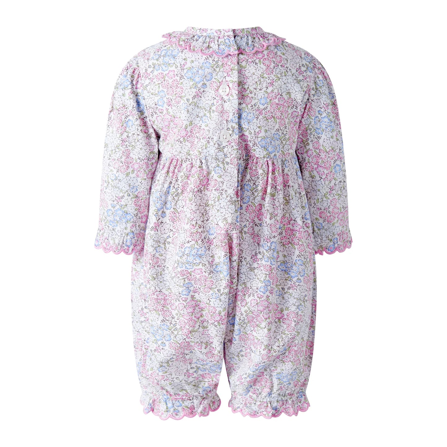 Rachel Riley Smocked Scalloped Romper, Babysuit - Pink floral