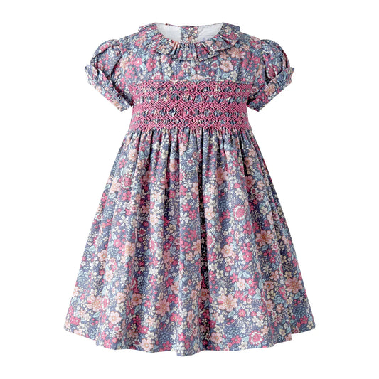 Rachel Riley Floral Short Sleeve Smocked Dress & Bloomers - Grey Pink