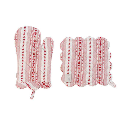 Villa Stripe Oven Mitt and Pot Holder Set/2pc - Red