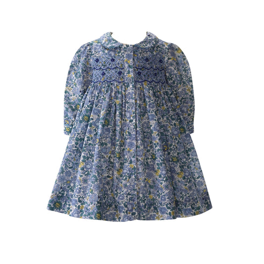 Rachel Riley Blossom Print Smocked Button Front Dress