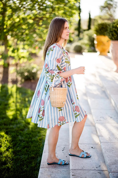 Taj Mini Dress Pink Flower Blue Stripes
