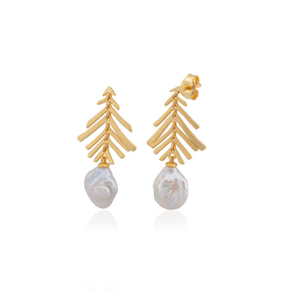 Pearl earrings with matte gold pine needle post